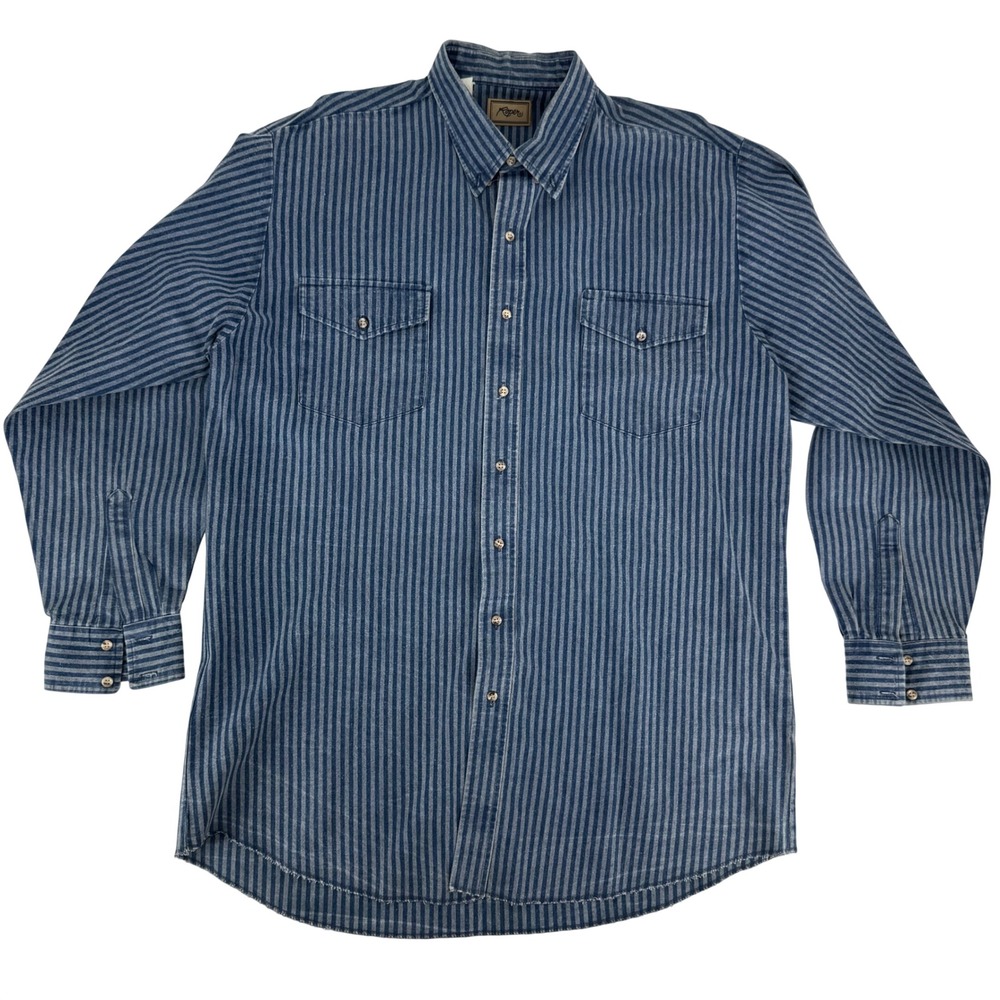 Vintage Roper Mens 2XT Tall Blue Striped Denim Western Button Down Shirt Cotton
